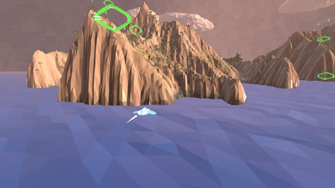 A small pale blue jet flying low over dark blue faceted water, with low-poly sandstone islands and palm trees behind it and green rings floating above the ridges.
