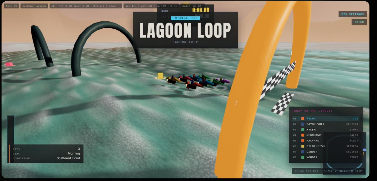 A Hoverbike race in progress on the Lagoon Loop track, craft skimming over water past orange arches