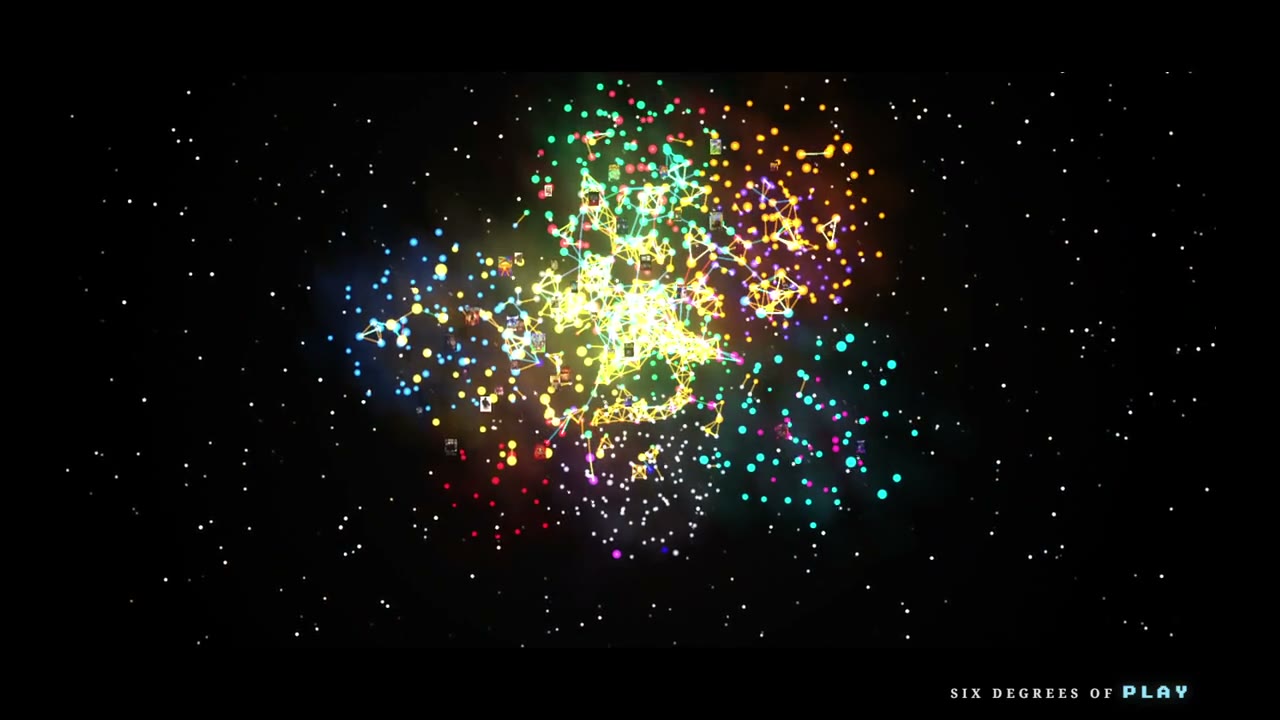 The whole games collection seen from far out, a loose spiral of thousands of coloured dots, yellow and green through the dense middle and blue and violet at the edges, scattered on black like a galaxy. The words "six degrees of play" sit small in the bottom corner.